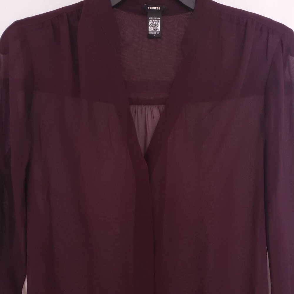 Express Women Purple Button V Neck Long Sleeve Sheer Lightweight Blouse Size S - Picture 7 of 15